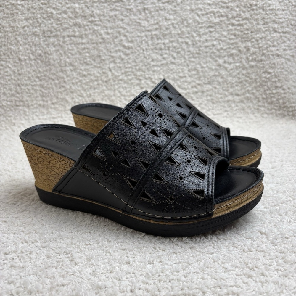 Spring Step Sandals Womens 38 7.5/8 Black Fusawedge‎ Leather Wedge Heel Slip On